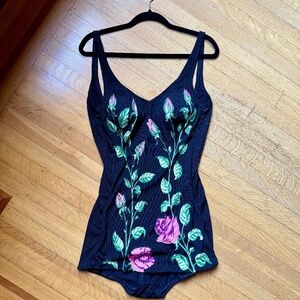 Vintage 50s 1950s Swimsuit Bathing Suit, Black Pink Roses, by Darlene, Size XL